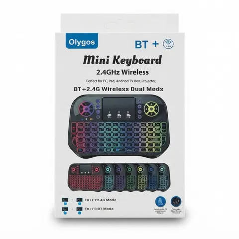 لوحة مفاتيح صغيرة لاسلكية OLYGOS 2.4 جيجاهرتز وبلوتوث وضع مزدوج RGB للتلفزيون الذكي، الكمبيوتر، أندرويد تي في بوكس - ماوس وكيبورد بالجملة Errayhany Grossiste المغرب